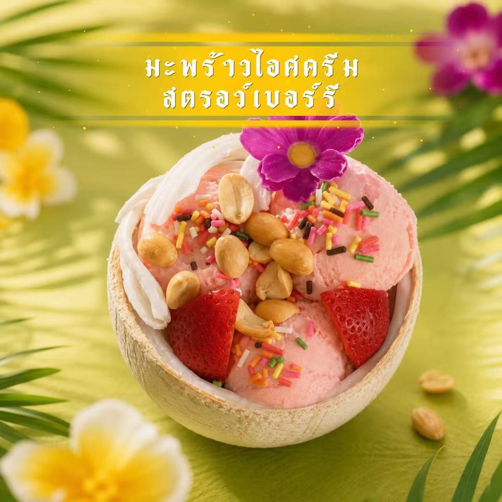 มะพร้าวไอศครีมสตรอว์เบอร์รี ท็อปถั่วลิสงและสตรอว์เบอร์รีสด